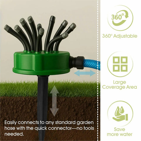 360 Degree Automatic Rotating Lawn Sprinkler with Three Quarter Inch Connector in grass for large lawns, gardens, durable ABS plastic