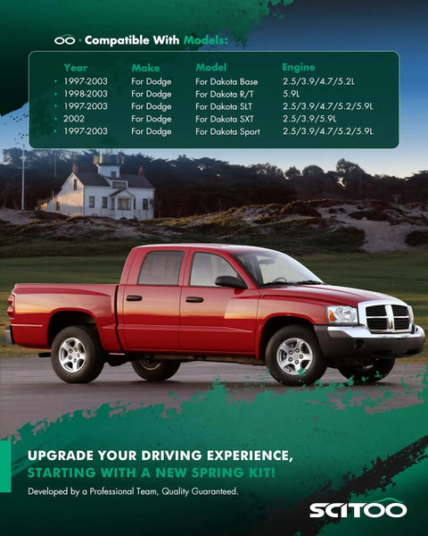 Red Dodge Dakota with Leaf Spring Kit 842313 for 1997-2003 4x4 suspension upgrade.