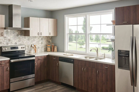 Modern kitchen with Spot Resist Stainless Deck Mounted Kitchen Soap Dispenser With Above The Sink Refillable Bottle by the faucet.