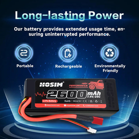 Two Pack 7.4V 2S 2600mAh LiPo Battery 25C With USB Charger And Battery Strap For X08 X07 X07W Beefy Power RC Cars Trucks Boats One Tenth Scale RC Vehicles box display
