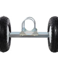 Ten Inch Heavy Duty Gate Wheels With Smooth Pneumatic Tires Supporting Three Hundred Pounds On Chain Link Fences And Metal Tube Gates Featuring Tough Zinc Steel Casters And Quick Dual U Bolts For That Zero Hassle Rollout Two Pack - close-up of gate wheel assembly showcasing sturdy frame and durable tires.