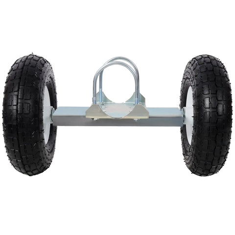 Ten Inch Heavy Duty Gate Wheels With Smooth Pneumatic Tires Supporting Three Hundred Pounds On Chain Link Fences And Metal Tube Gates Featuring Tough Zinc Steel Casters And Quick Dual U Bolts For That Zero Hassle Rollout Two Pack - close-up of gate wheel assembly showcasing sturdy frame and durable tires.