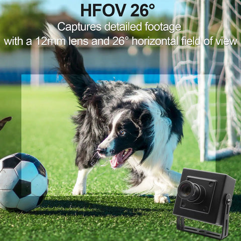1080P 120fps High Speed USB Camera With 12MP Sensor capturing a dog playing soccer, showing 26° HFOV with 12mm lens.