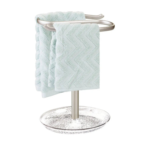 Steel Fingertip Towel Rack Stand With Base Tray For Jewelry Or Small Accessories, Two Bar Towel Holder with towels, clear satin finish