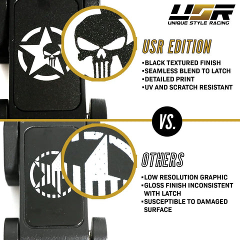 Comparison of Heavy Duty Skull Hood Latch Set For Jeep Wrangler JL 2018 To 2024 And Gladiator JT with focus on print quality