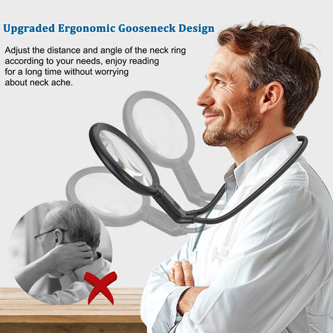 Hands Free Neck Magnifier With Light 10X 5.2 Inch Loupe, image showing man wearing ergonomic gooseneck design for neck comfort.