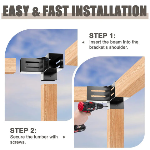 Three Way 4x4 Pergola Brackets Set For Woodworks, Tough As Nails 90 Degree Corner Extensions, Black Powder Coated, DIY Gazebo Hardware, Inner Size 3.5 By 3.5 Inches, Modular, 4 Pack