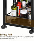 Black Three Tier Rolling Bar Cart Featuring Sturdy Safety Rails And Smooth Swivel Casters Crafted To Hold Your Goodies Squad Approved For Backyard Hangouts And Casual Kickbacks with liquor bottles.