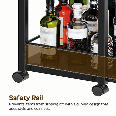 Black Three Tier Rolling Bar Cart Featuring Sturdy Safety Rails And Smooth Swivel Casters Crafted To Hold Your Goodies Squad Approved For Backyard Hangouts And Casual Kickbacks with liquor bottles.