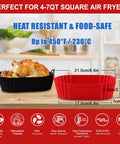 Two Pack Silicone Air Fryer Liners For Three To Five Quart Baskets Reusable Nonstick Inserts For Easy Cleanup Food Safe No Fuss Frying Accessory Fits Top Eight Inch And Bottom Six Point Eight Inch Pans in black and red on a kitchen counter with chicken.