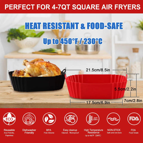 Two Pack Silicone Air Fryer Liners For Three To Five Quart Baskets Reusable Nonstick Inserts For Easy Cleanup Food Safe No Fuss Frying Accessory Fits Top Eight Inch And Bottom Six Point Eight Inch Pans in black and red on a kitchen counter with chicken.