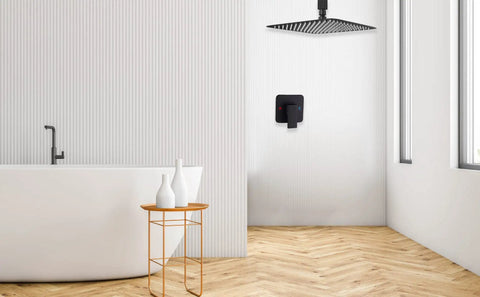 Matte Black Ceiling Shower System With 10 Inch Rain Shower Head, Valve And Trim in modern bathroom setting