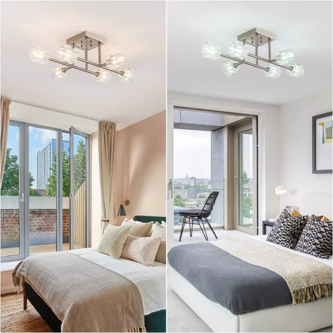 Modern Six Light Twenty Four Inch Brushed Nickel Sputnik Semi Flush Mount Ceiling Light Fixture Industrial Chandelier Bringing Cool Urban Contemporary Vintage Rustic Farmhouse Vibes To Kitchen Over Sink Living Dining Room Bedroom Foyer