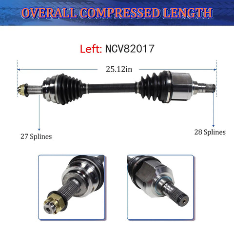 Heavy Duty Front CV Axle Shaft Assembly For 2007 To 2011 Dodge Caliber And 2007 To 2017 Jeep Compass Patriot Fwd shown with shaft lengths and spline counts.