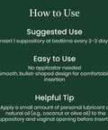 Instructions for HAPure Hyaluronic Acid Vaginal Suppositories With Vitamin E, showing easy use tips and suggested application frequency.