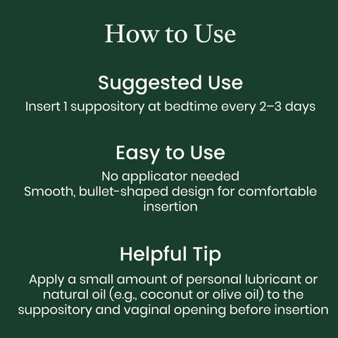 Instructions for HAPure Hyaluronic Acid Vaginal Suppositories With Vitamin E, showing easy use tips and suggested application frequency.