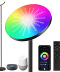 Smart RGB Floor Lamp With Alexa And Google Home, WiFi App Control, showing tall LED lamp, remote, app, and smart speaker integration