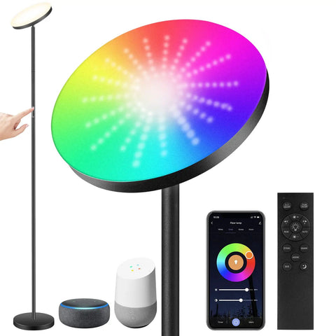 Smart RGB Floor Lamp With Alexa And Google Home, WiFi App Control, showing tall LED lamp, remote, app, and smart speaker integration