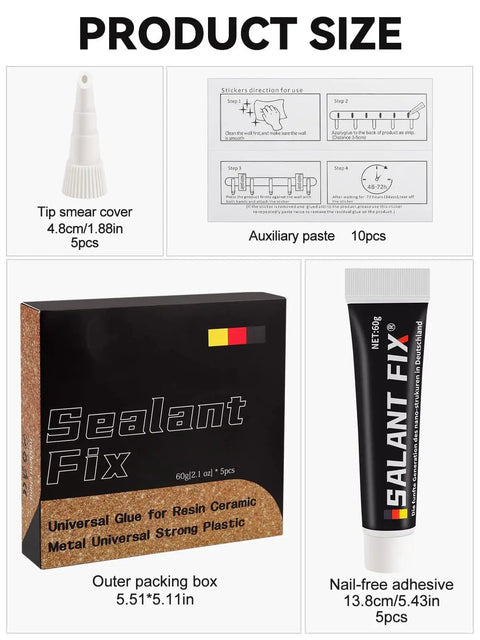 Boss Grade All Purpose Glue Kit With Quick Cure Formula And Slick Snip Tip Applicators For No Sweat Nail Free Bonding On Wood Metal Glass And Daily Repair Jobs packaging with adhesive tips, instructions, and box dimensions.