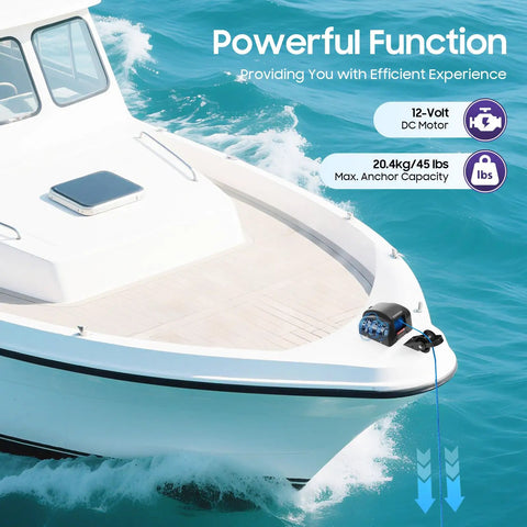 Top Notch 45 Lb Electric Anchor Winch For Boats With Remote Control on boat bow, with 12-volt motor and braided rope.