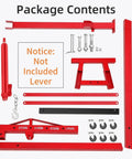 Package contents of Heavy Hit 2 Ton Hydraulic Engine Hoist including red components and hydraulic pump parts.