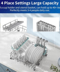 Ultra Compact Countertop Portable Dishwasher With No Hookup Setup Runs Smooth To Clean Forty Plus Dishes Fast, showing large capacity dish rack with cups and utensils.