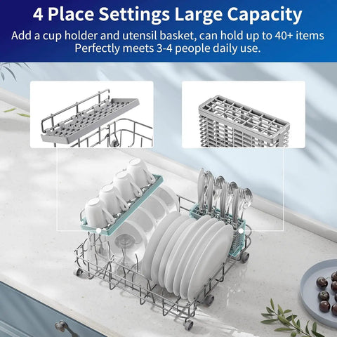 Ultra Compact Countertop Portable Dishwasher With No Hookup Setup Runs Smooth To Clean Forty Plus Dishes Fast, showing large capacity dish rack with cups and utensils.