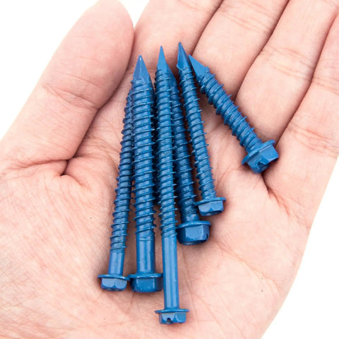 Heavy Duty Concrete Screws Set 175 Pieces Hex Head Masonry with Diamond Point, rust resistant, held in hand