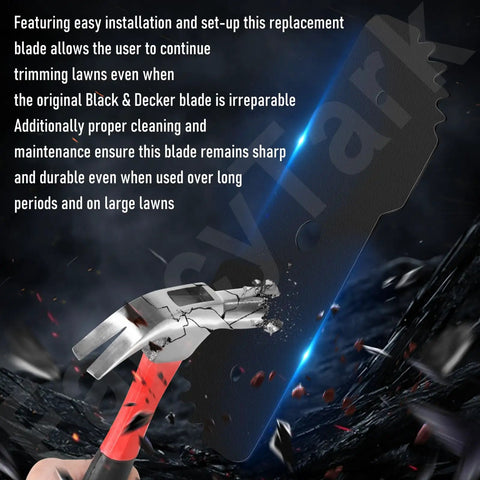 Hammer striking a hardened steel blade with text about easy installation and durability; Two Pack EB 007 Seven And A Half Inch Edge Hog Built Tough Edger Replacement Blade For Black And Decker 2 In 1 LE750 LE710 LE760 EH1000 With Four Wear Indicators