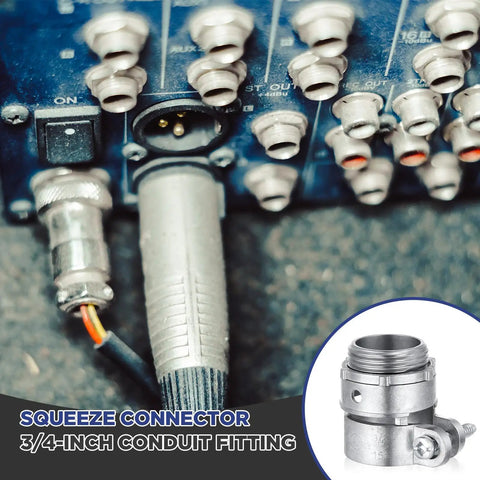 Close-up of metal conduit box connectors used in wiring setup, part of 20 Pack Three Quarters Inch Squeeze Connectors For FMC Flexible Metal Conduit And EMT Electrical Conduit Fittings Indoor Use High Quantity Pro Grade Durable Metal Cable Conduit Box Connectors For Large Projects