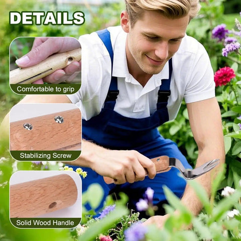 Gardener using Root Lifter Weeding Tool For Lawn And Yard Hand Weeder with angled head and wooden handle for weed removal