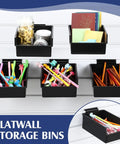 Six Pack Slatwall Bins With Hooks Set For Wall Mounted Storage And Organization Of Tools Accessories Office Garage And Workshop Gear In Black Finish Kit installed on white panel holding stationery.