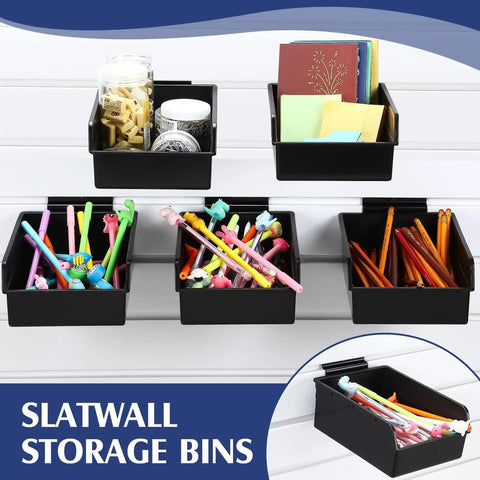 Six Pack Slatwall Bins With Hooks Set For Wall Mounted Storage And Organization Of Tools Accessories Office Garage And Workshop Gear In Black Finish Kit installed on white panel holding stationery.