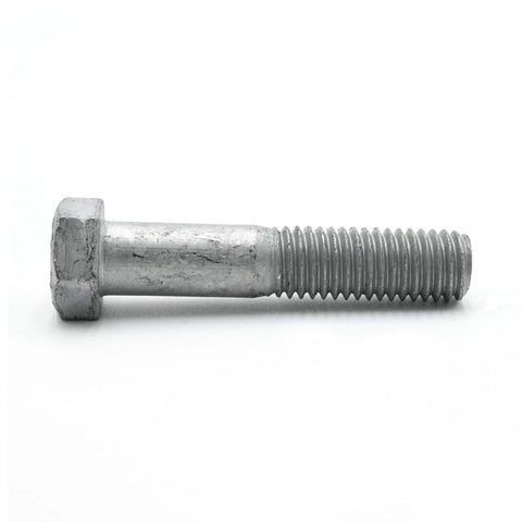 Side view of half-inch by thirteen thread hex bolt, galvanized for exterior use, part of hot dipped kit for heavy duty outdoor projects.