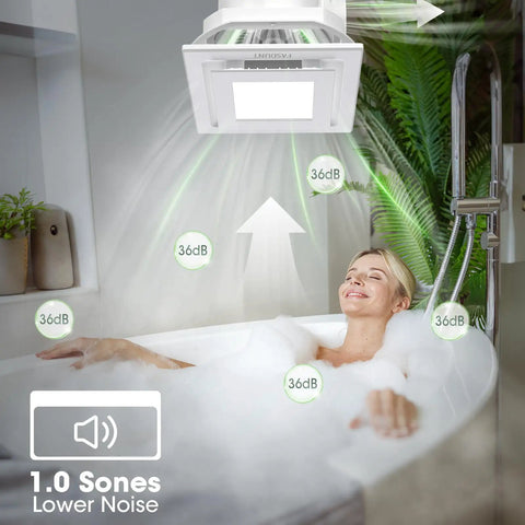 Two In One Bathroom Exhaust Fan With LED Light, Ultra Quiet Ventilation operating in a modern bathroom with a soaking tub and plants