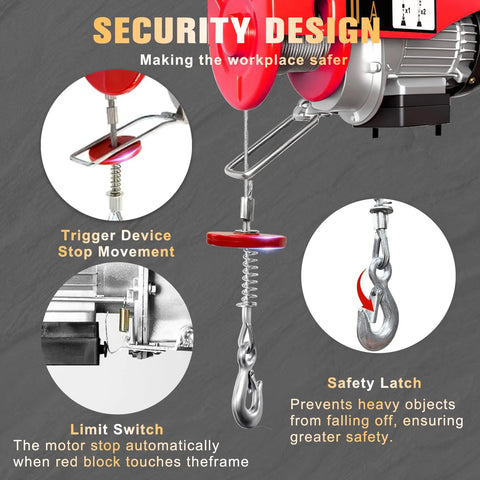YATOINTO wireless electric hoist with remote control; red winch, steel hook and safety latch
