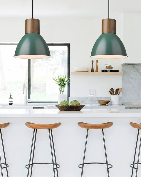 Vintage Green Industrial Pendant Light With Solid Wood And Iron Adjustable Height Ceiling Fixture for kitchen island