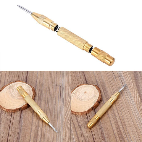 Automatic Center Punch Tool With HSS Tip Spring Loaded Brass Body No Hammer Needed, shown on wooden background.
