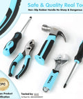 Image of 26 Piece Kids Size Tool Set with 12 inch tool bag for boys and girls age 6 plus, showing pliers, hammer, wrench, and screwdrivers.