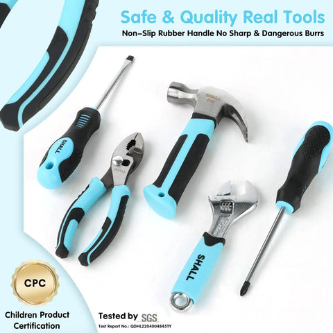 Image of 26 Piece Kids Size Tool Set with 12 inch tool bag for boys and girls age 6 plus, showing pliers, hammer, wrench, and screwdrivers.
