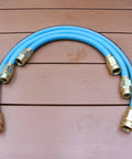 Five Eighths Inch Garden Hose Connector Repair Fittings Set with heavy duty aluminum ends shown on wooden surface