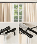 Double Curtain Rod Set 42 to 122 Inches, 1 Inch Telescoping Rods for Windows, Matte Black Finish with Classic Cap Finials, shown installed