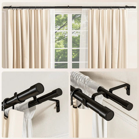 Double Curtain Rod Set 42 to 122 Inches, 1 Inch Telescoping Rods for Windows, Matte Black Finish with Classic Cap Finials, shown installed