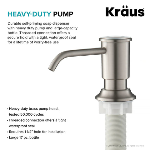 Multi Purpose Kitchen Soap And Lotion Dispenser In Spot Free Stainless Steel With Self Priming Pump No Fuss Easy Top Refills And Durable Heavy Duty Construction, featuring a durable design next to brand logo and specifications text.