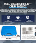 Heavy Duty 47 Piece Shock Absorber Socket Wrench Set With Pass Through Sockets And Nut Removal Tool For All Vehicles Universal Suspension Tool Kit With Ratchet And Socket Set High Hardness Construction displayed in blue case