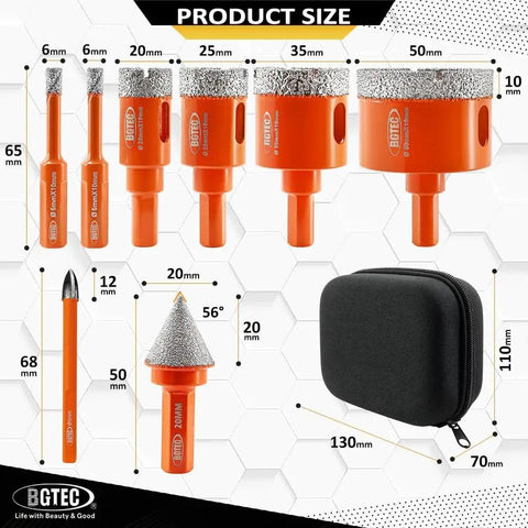 Diamond Core Drill Bit Kit For Porcelain Tile Ceramic Marble Brick 8 Piece Triangle Shank Set shown with dimensions and case