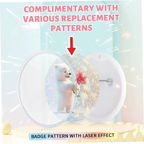 Make Awesome Button Maker Machine Creates 55 Mm And 35 Mm Badges with holographic badge pattern and laser effect