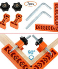 Killer Adjustable Seven Piece Right Angle Clamp Set Lightweight ABS Plastic Corner Clamping Kit For Smooth Woodworking Picture Frame And Cabinet Drawer Assembly Projects Orange Color complete set with clamps and screws.