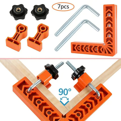 Killer Adjustable Seven Piece Right Angle Clamp Set Lightweight ABS Plastic Corner Clamping Kit For Smooth Woodworking Picture Frame And Cabinet Drawer Assembly Projects Orange Color complete set with clamps and screws.
