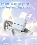 Portable Bluetooth Mini Label Maker Featuring No Sweat Inkless Thermal Printing For Crisp Photos And Totally Effortless Home Organization Sticker Sheets on a gray bag.